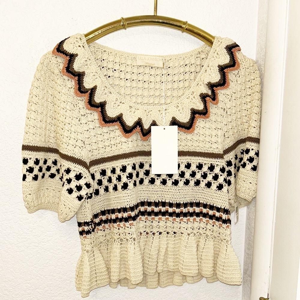 NWT Ulla JOHNSON Handmade Crochet The Flor Peplum Pullover Blouse in Ivory SZ: L